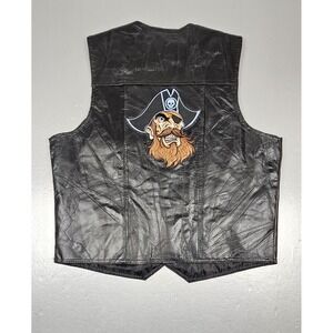 VTG Navarre Vest Mens Lrg Black Genuine Leather Company Snap Button Pirate Patch